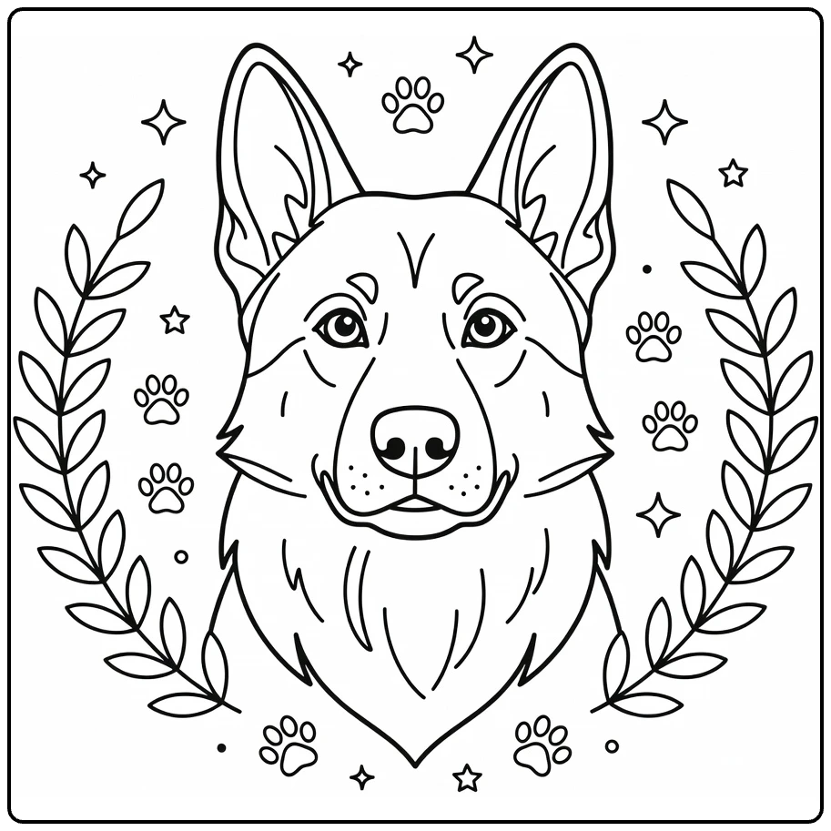 Dog head coloring page of noble German Shepherd with laurels, stars