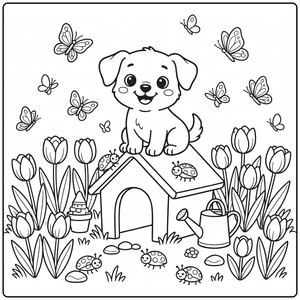 Dog House coloring page: smiling puppy on roof with tulips, ladybugs