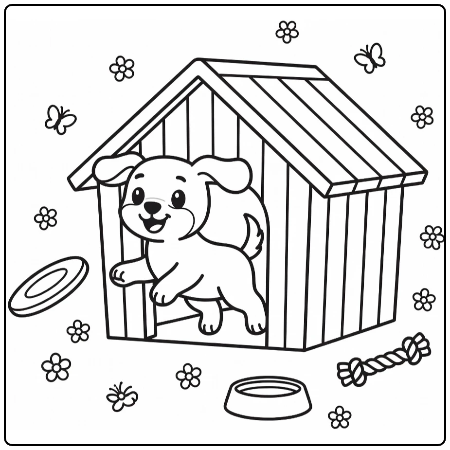 Dog House coloring page: playful puppy jumping with frisbee, toys