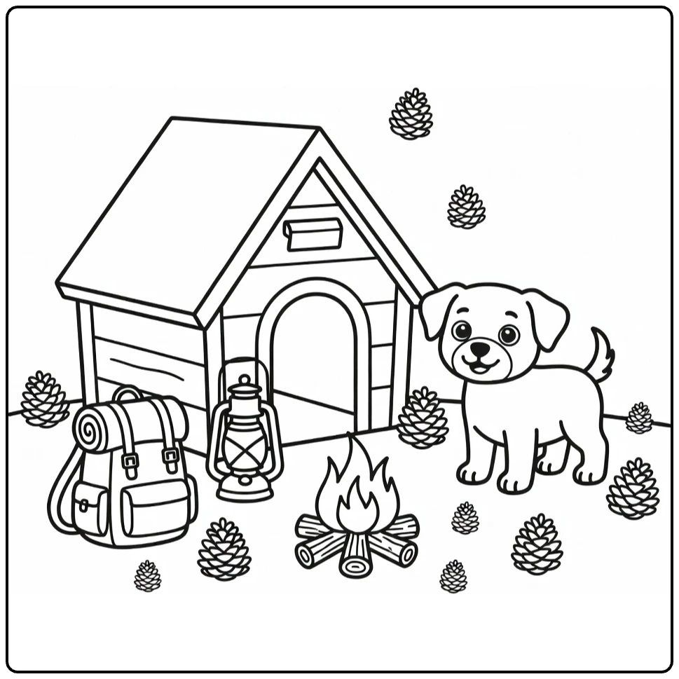 Dog House coloring page: camping kennel, brave puppy, campfire