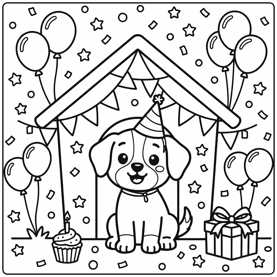 Dog House coloring page: puppy in party hat, balloons, cupcake