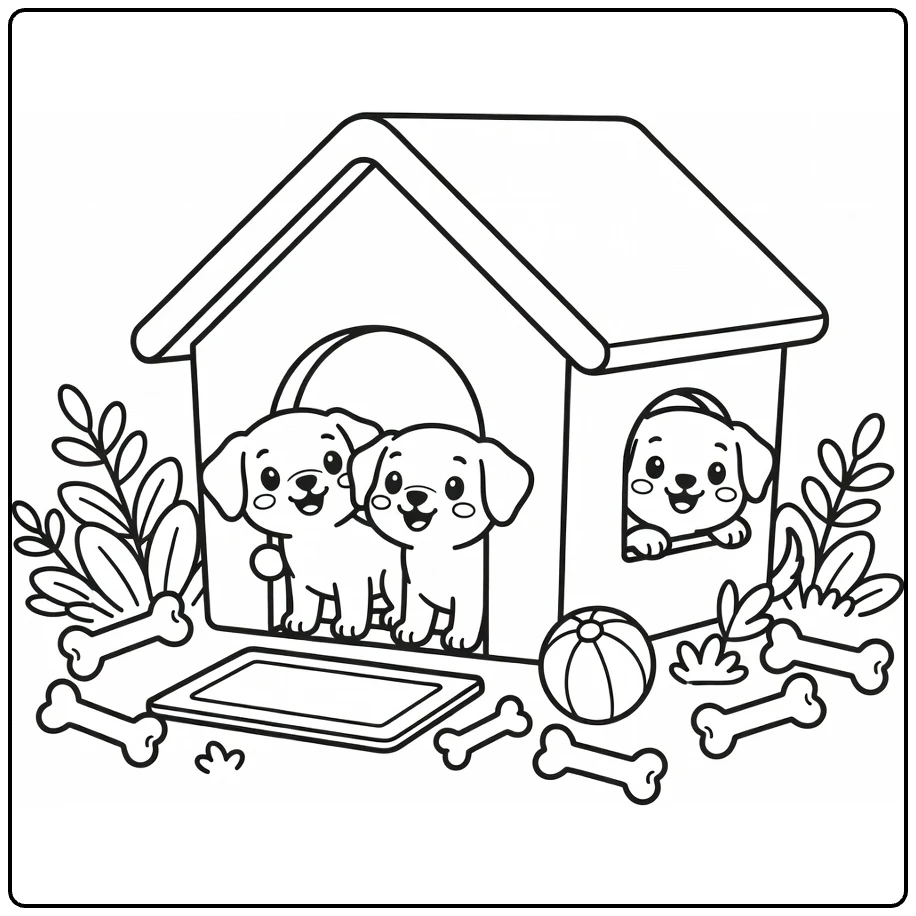 Dog House coloring page: cheerful puppies peeking from door