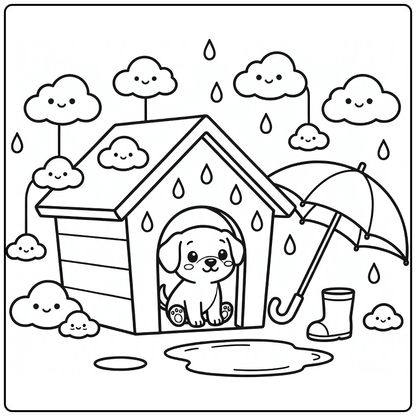 Dog House coloring page: puppy watches rain under roof, umbrella, boot