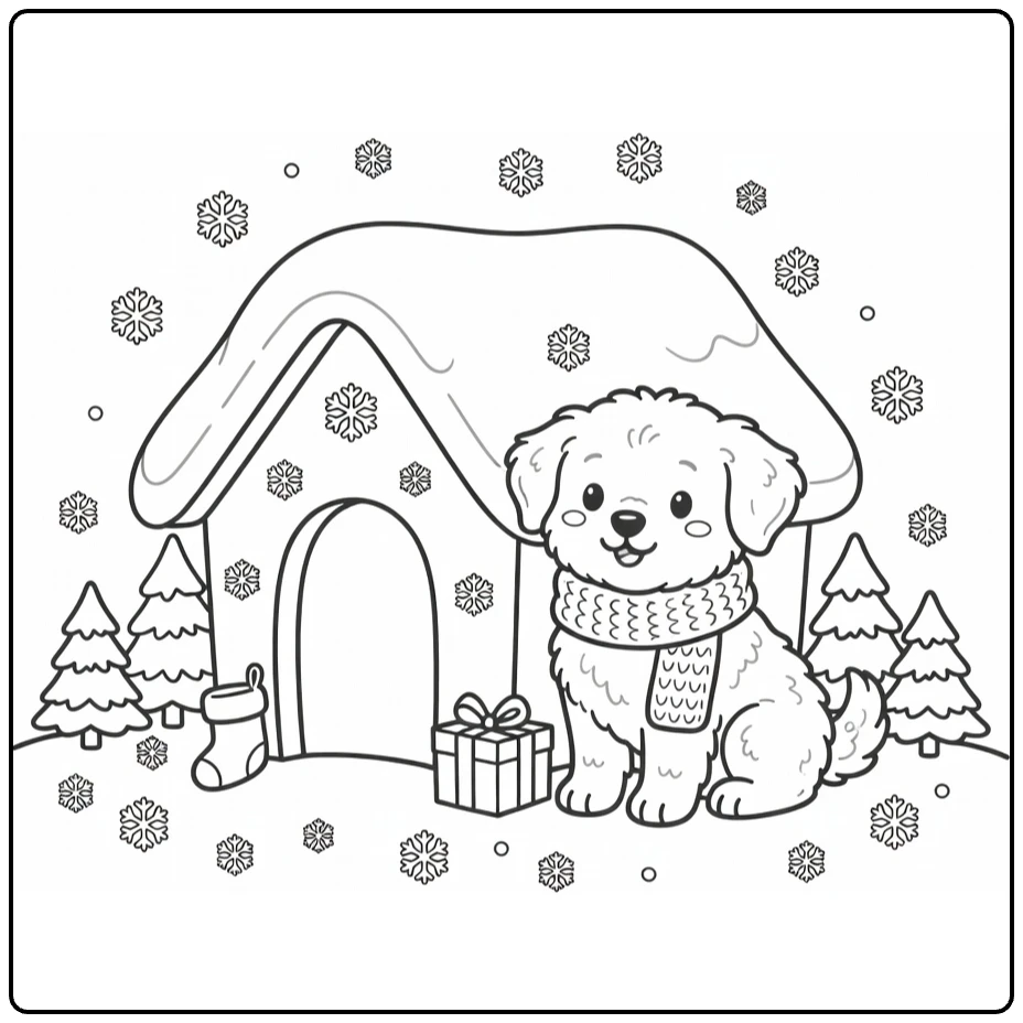 Dog House coloring page: fluffy puppy in scarf by snow kennel
