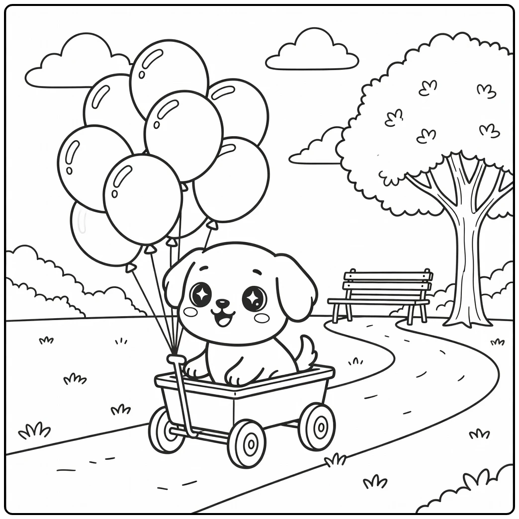 A cute kawaii dog coloring page with a balloon-powered wagon.