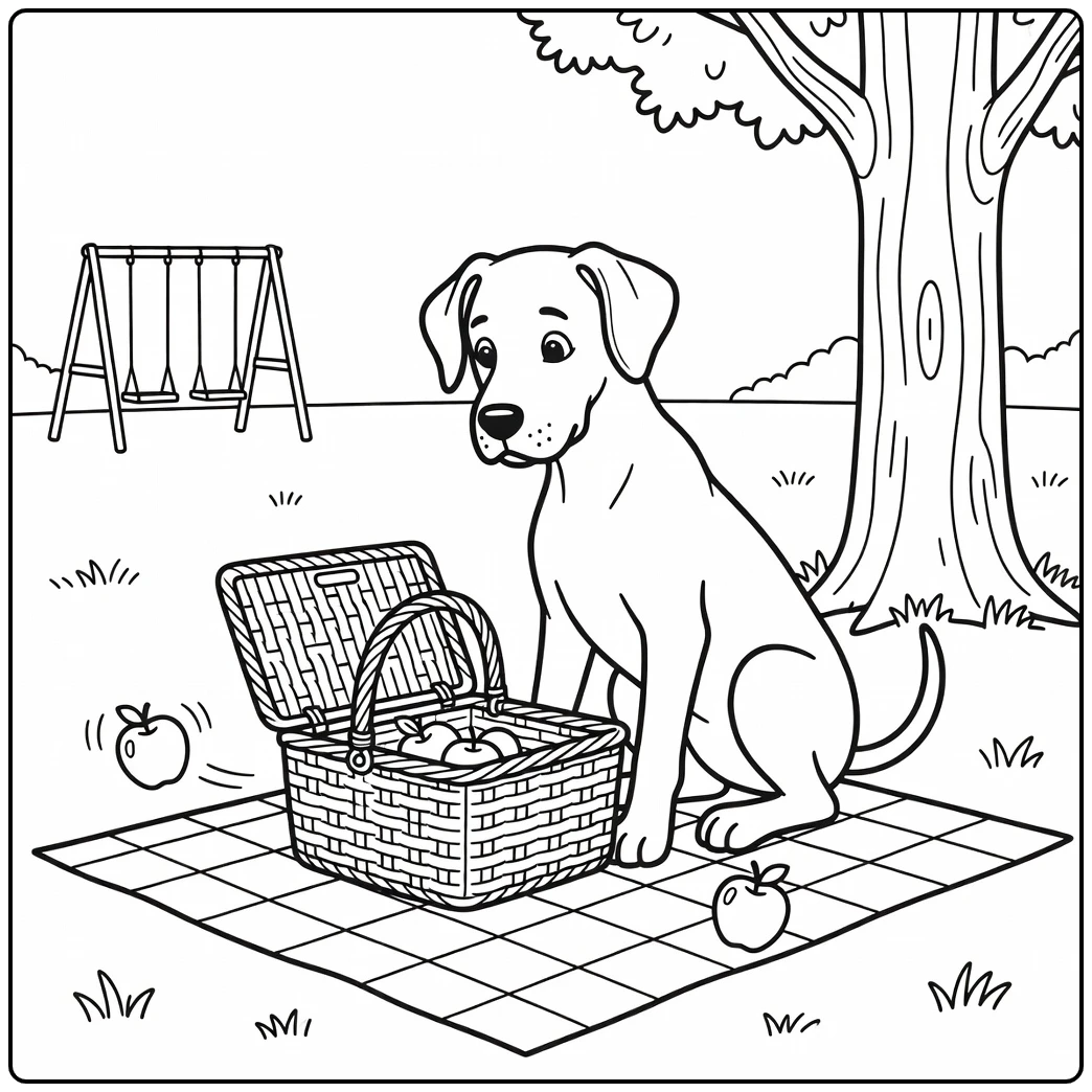 A curious great dane coloring page with a park picnic scene.