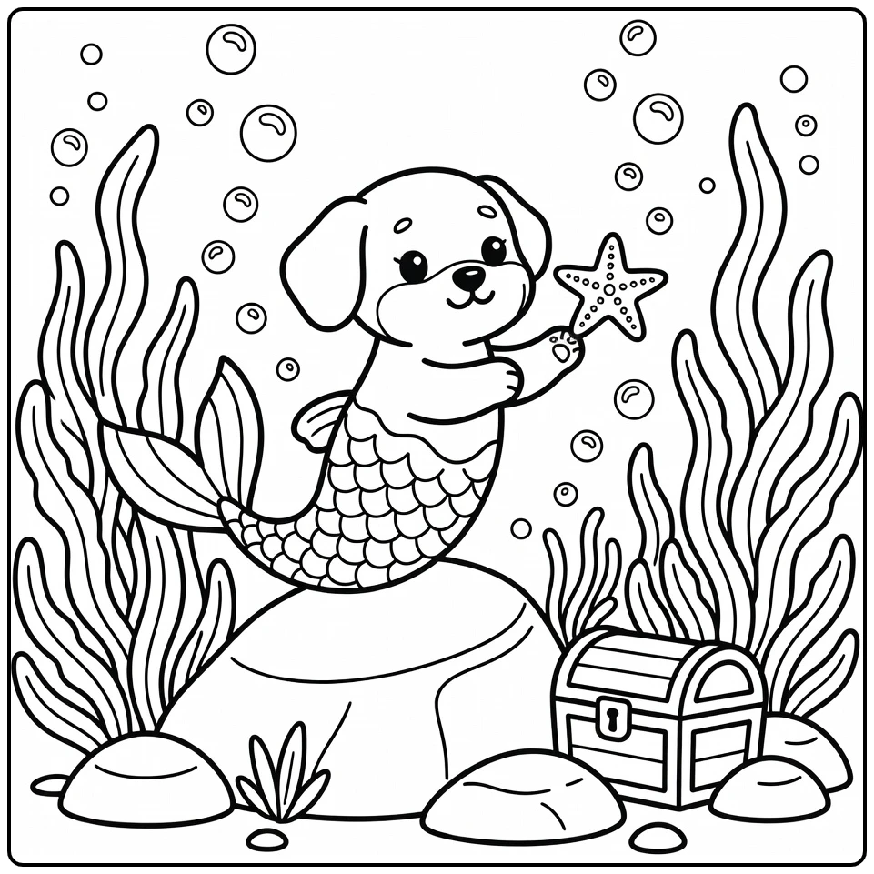 Dog mermaid coloring page: puppy catching starfish on rock