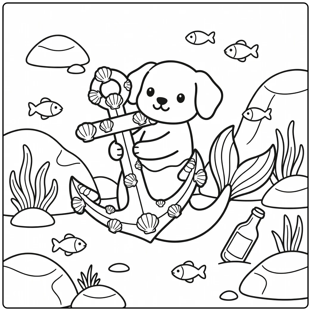 Dog mermaid coloring page: puppy hugs shell-covered anchor