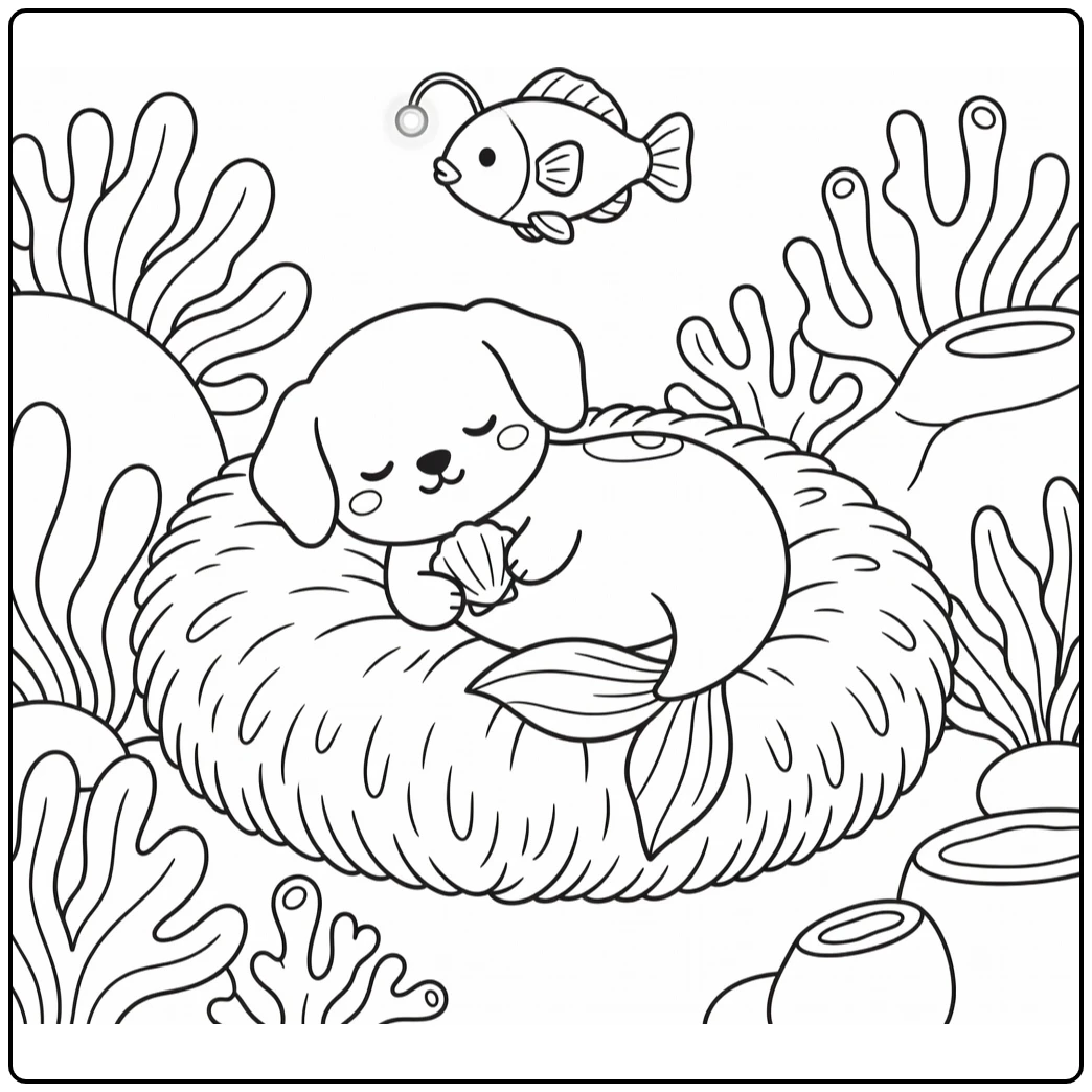 Dog mermaid coloring page: puppy naps on seaweed in coral alcove