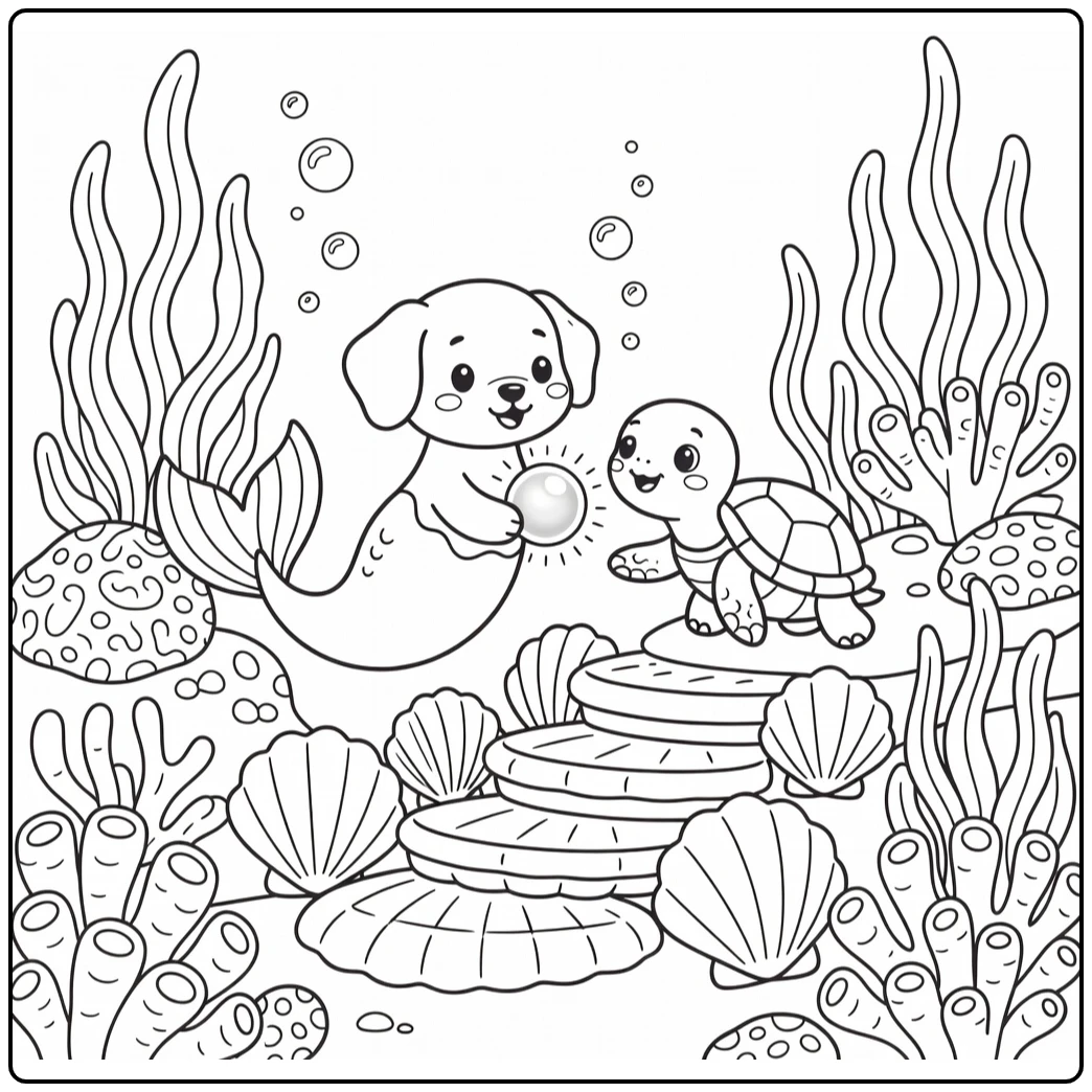 Dog mermaid coloring page: puppy offers pearl to turtle