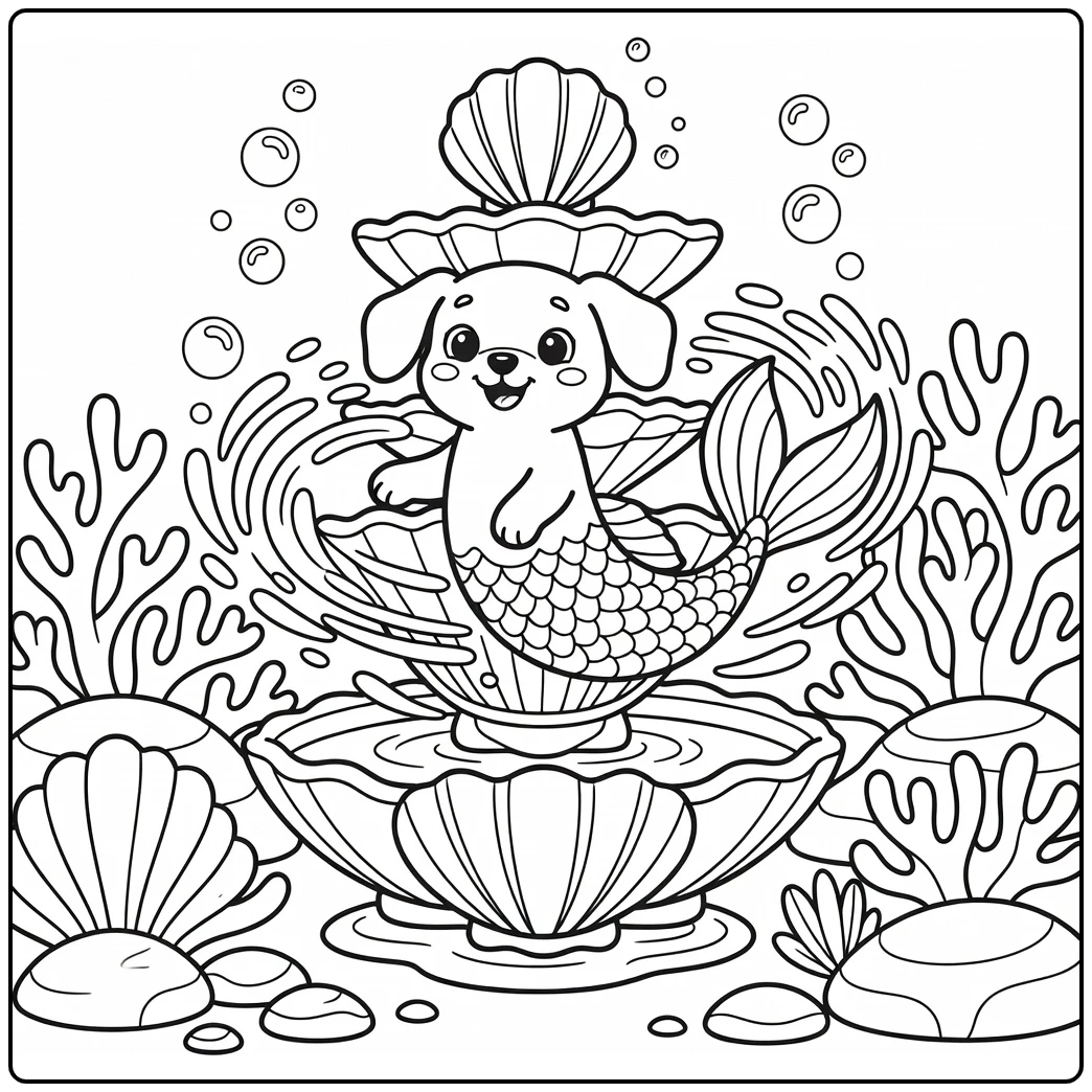 Dog mermaid coloring page: cute puppy face spins around shell fountain underwater