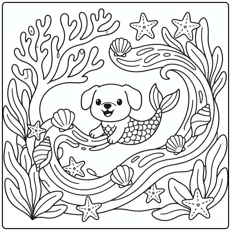 Dog mermaid coloring page: puppy chases ribbon through shells