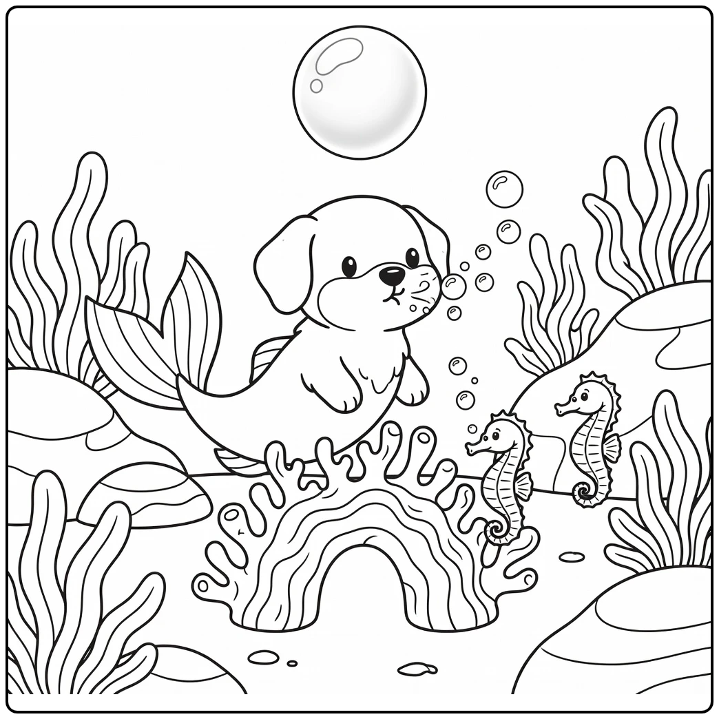 Dog mermaid coloring page blows bubbles at seahorses (58 chars)