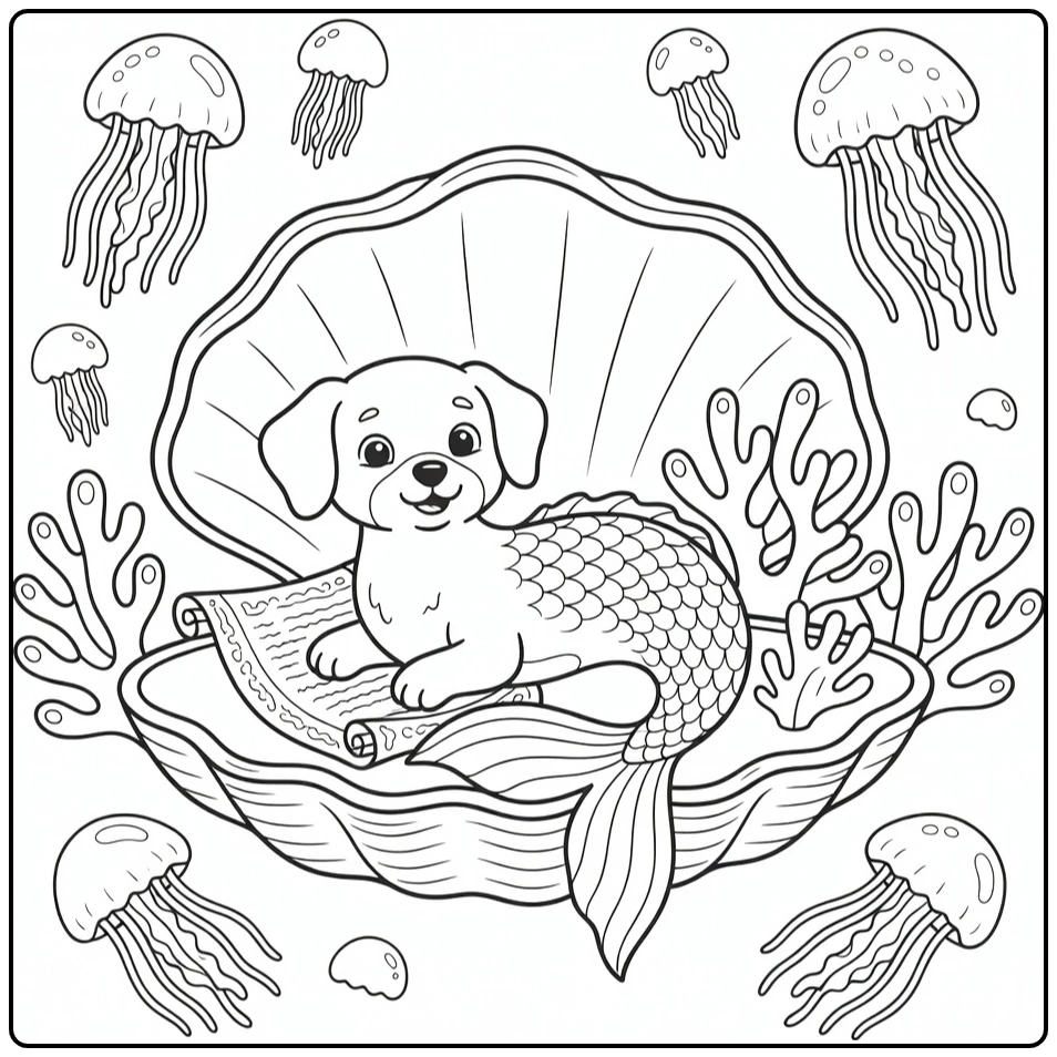 Dog mermaid coloring page: puppy in clam shell nook