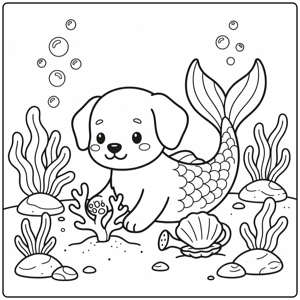 Dog mermaid coloring page: puppy plants coral sprout on seafloor