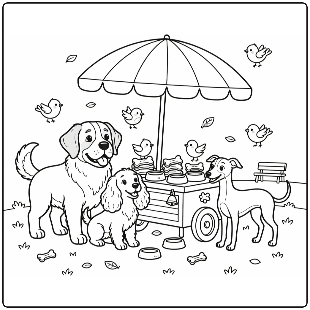 Dog park coloring page: St. Bernard, Cocker Spaniel, Whippet