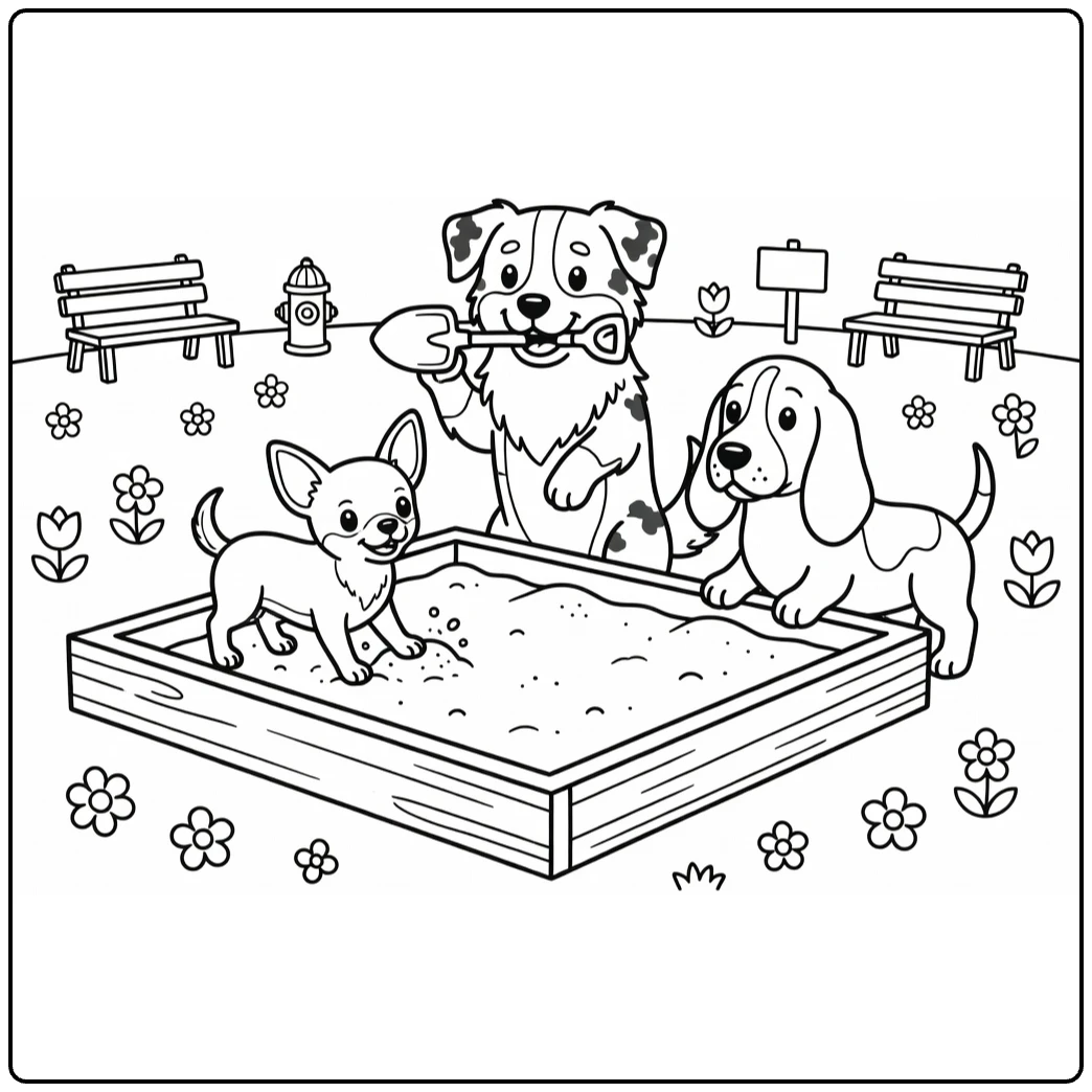 Dog park coloring page: 3 dogs at sandbox digging & playing