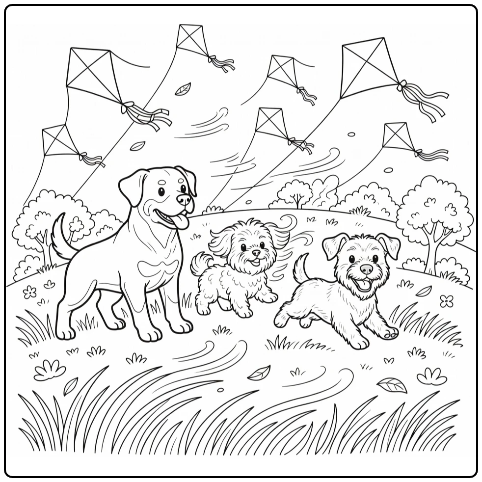 Dog park coloring page with Rottweiler, Maltese & terrier