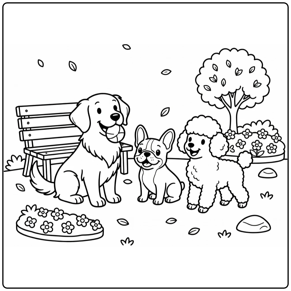 Dog park coloring page: Golden Retriever, French Bulldog, Poodle play