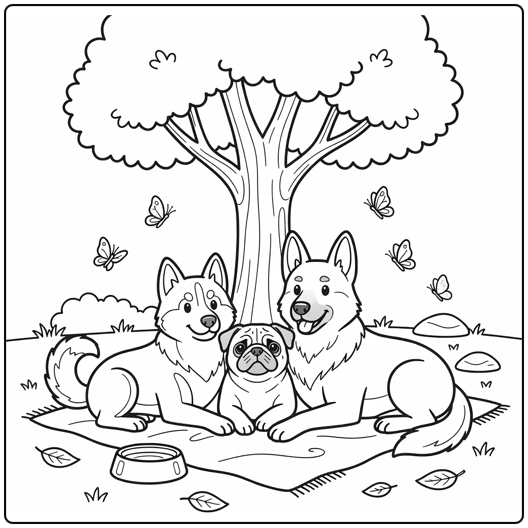 Dog park coloring page: Husky, Pug, German Shepherd resting