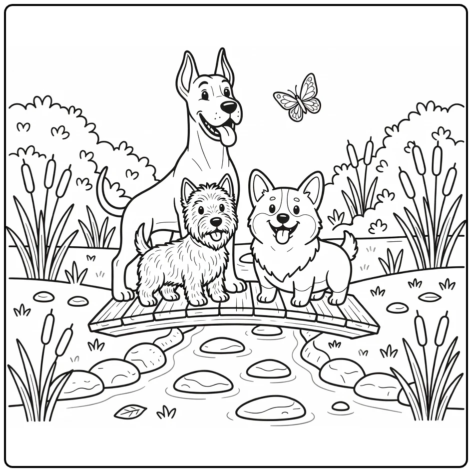 Dog park coloring page: Great Dane, Scotty & Corgi on bridge