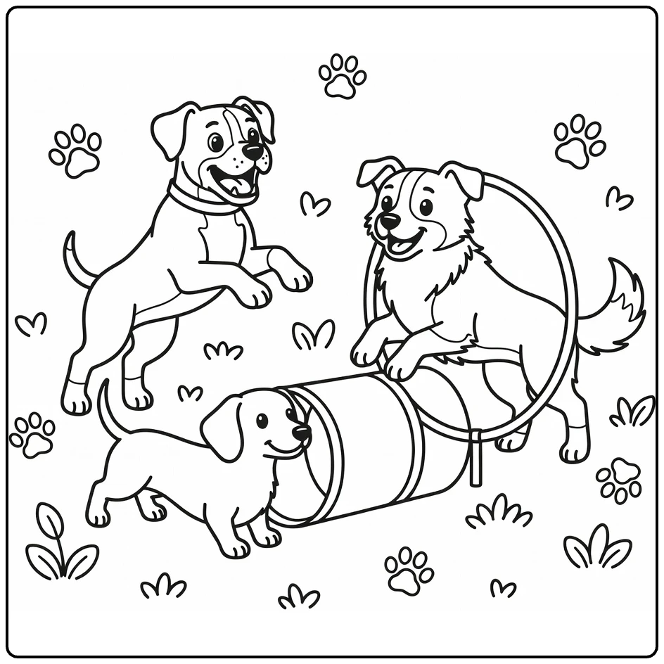 Dog park coloring page: Boxer, Dachshund, Border Collie