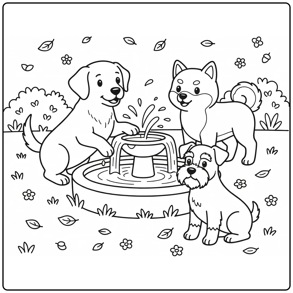 Dog park coloring page: Labrador, Shiba Inu, Schnauzer at fountain