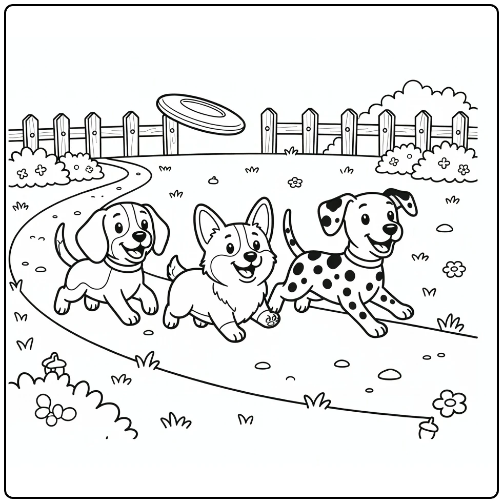 Dog park coloring page: Beagle, Corgi, Dalmatian chase frisbee