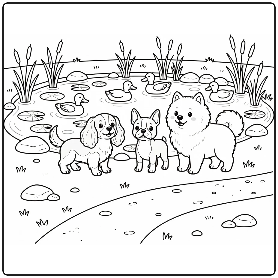 Dog park coloring page: 3 dogs watch ducks by pond