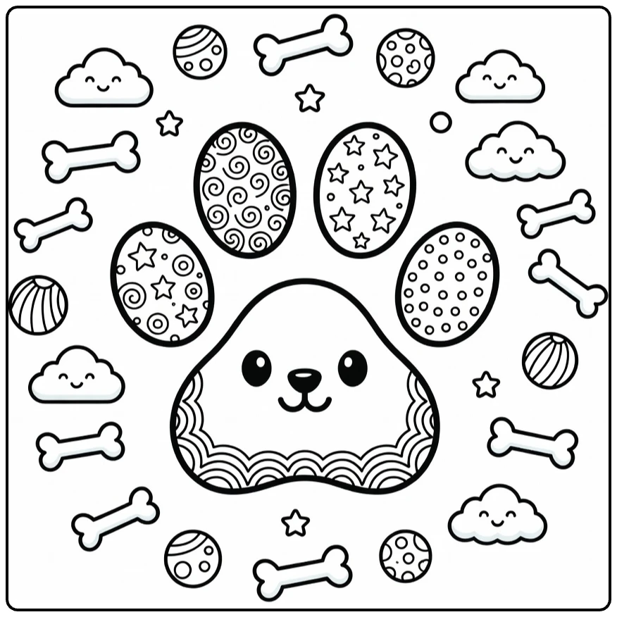 Dog paw coloring page with patterned pads of swirls, stars, dots