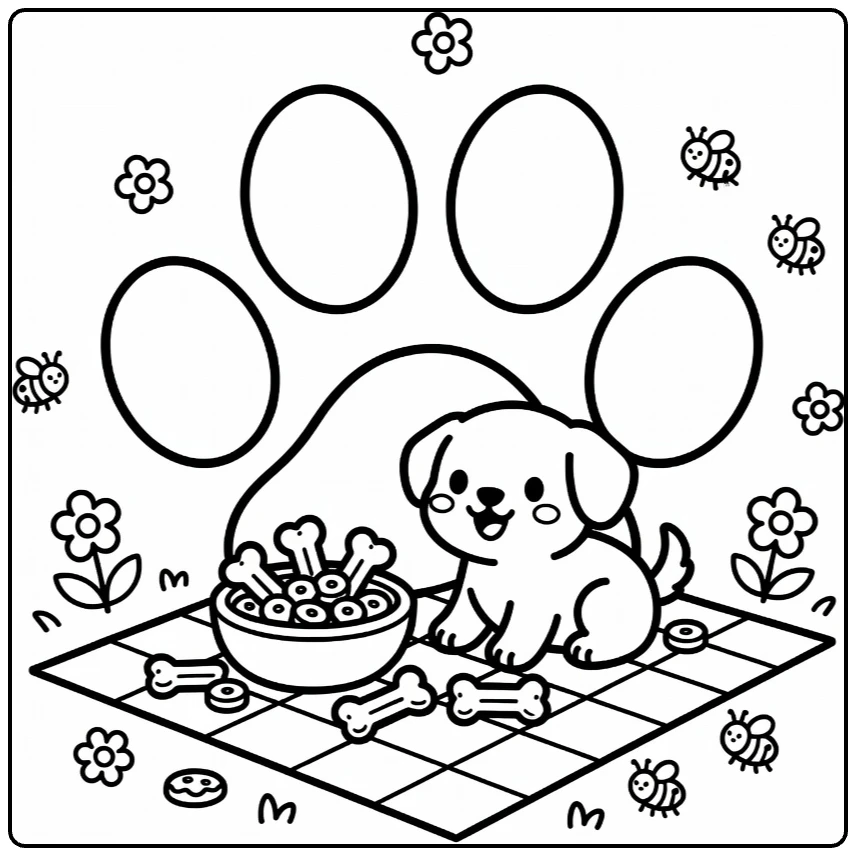 Dog paw coloring page: giant paw with puppy picnic bowl, treats