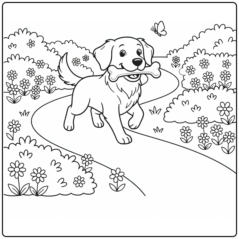 Dog with bone coloring page of Golden Retriever running