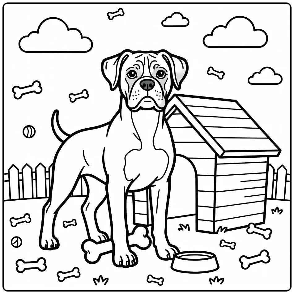 Dog with bone coloring page: proud muscular Boxer by doghouse