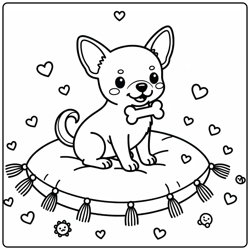 Dog with bone coloring page: Chihuahua nibbling on cushion