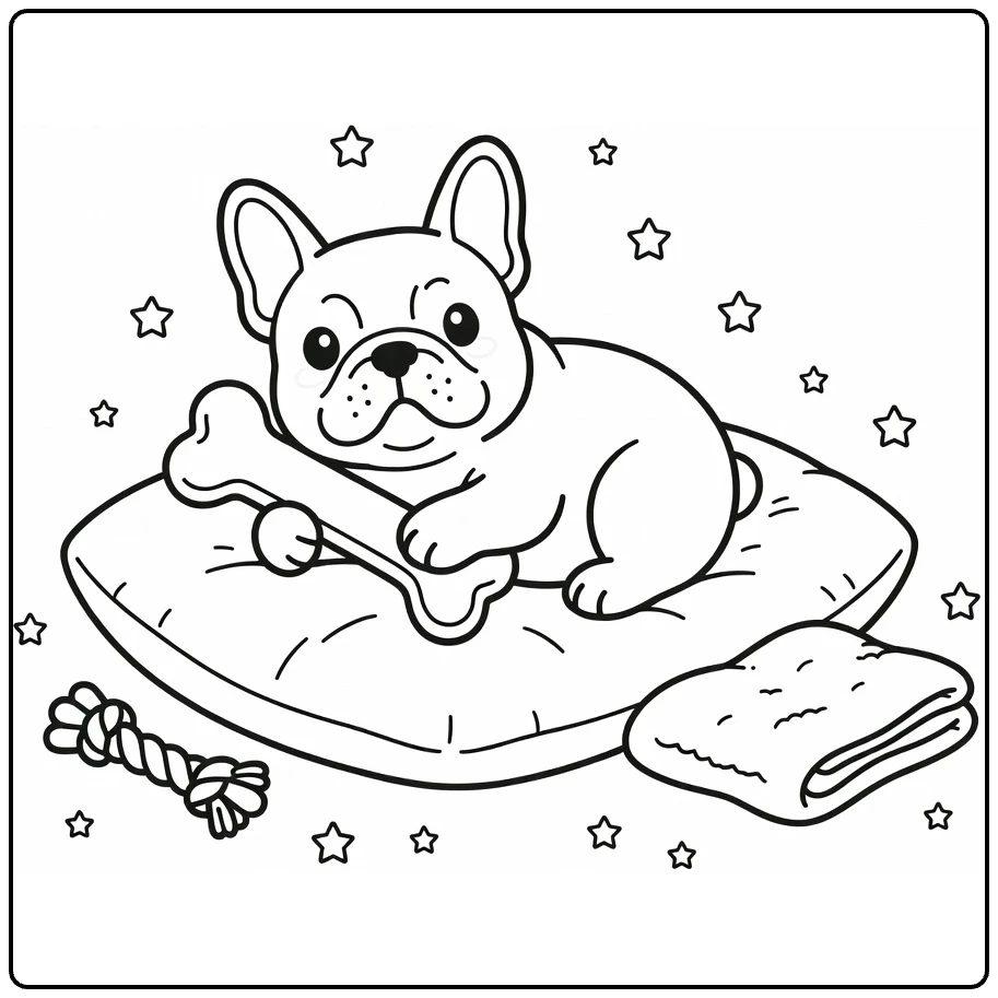 Dog with bone coloring page: chubby French Bulldog hugging bone on cushion