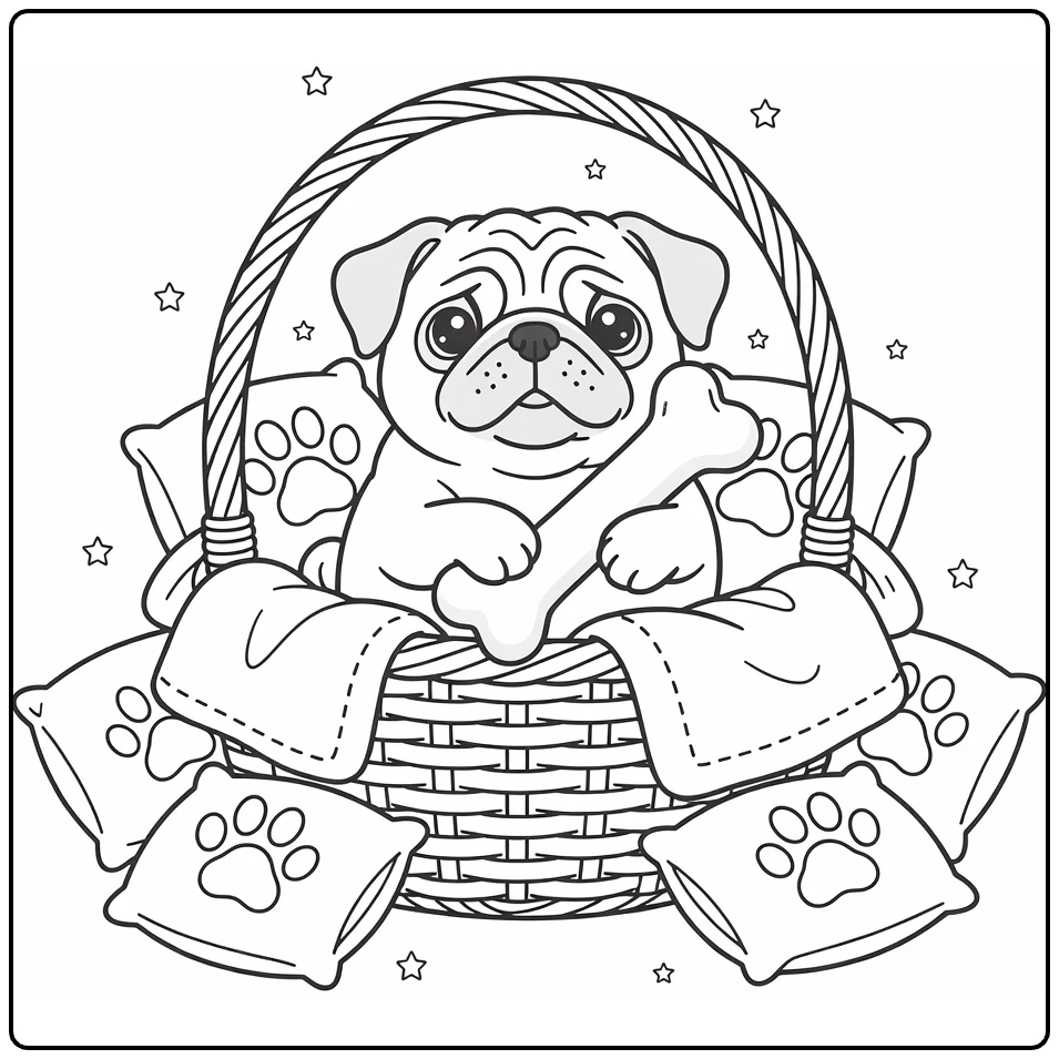 Dog with bone coloring page: Pug peeking from basket
