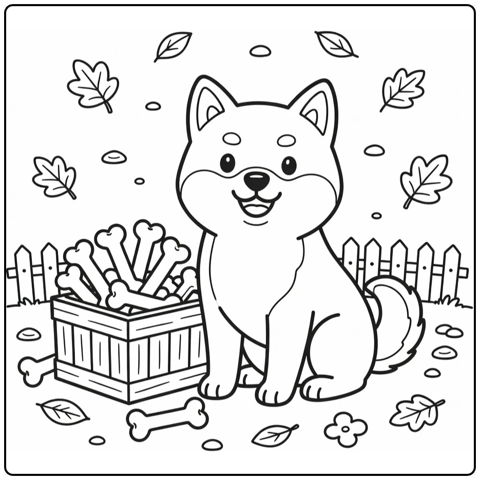 Dog with bone coloring page: smiling Shiba Inu by bone crate