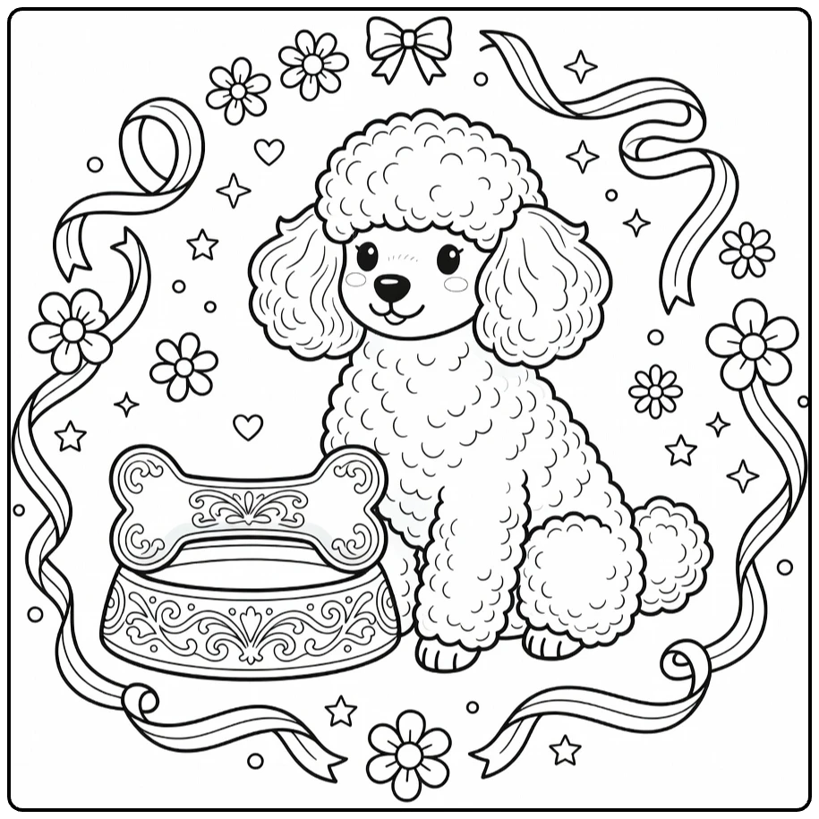Dog with bone coloring page: fluffy poodle by decorated bowl