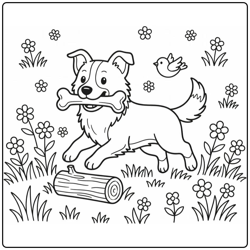 Dog with bone coloring page: leaping Border Collie over log, bird