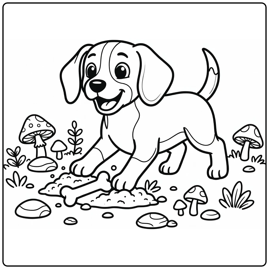 Dog with bone coloring page: Beagle digs up treasure
