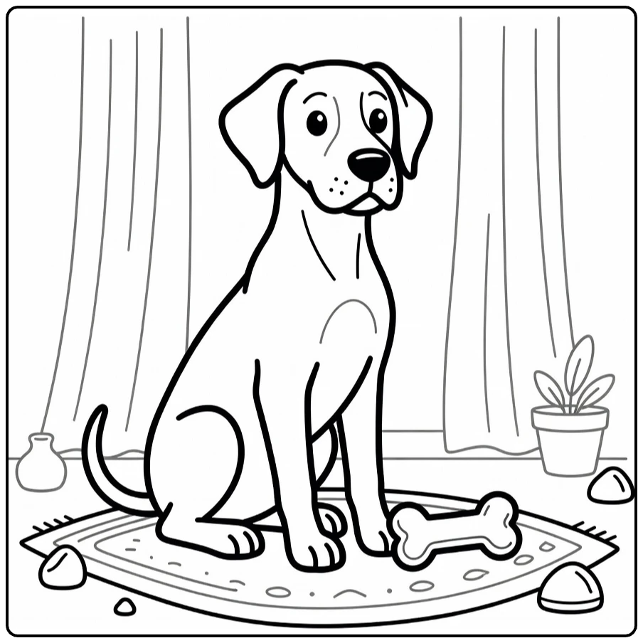 Dog with bone coloring page: Great Dane and small bone toy