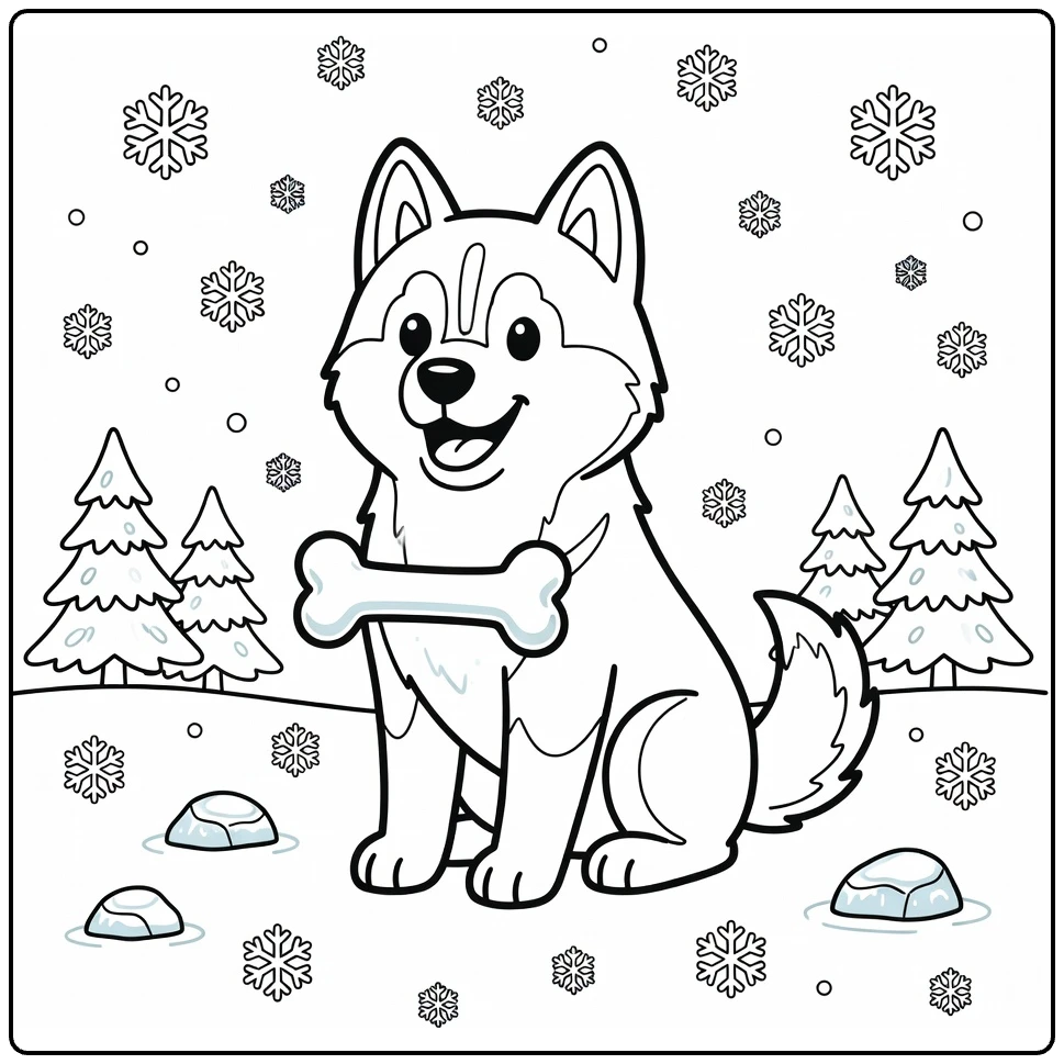 Dog with bone coloring page: playful Husky in snow