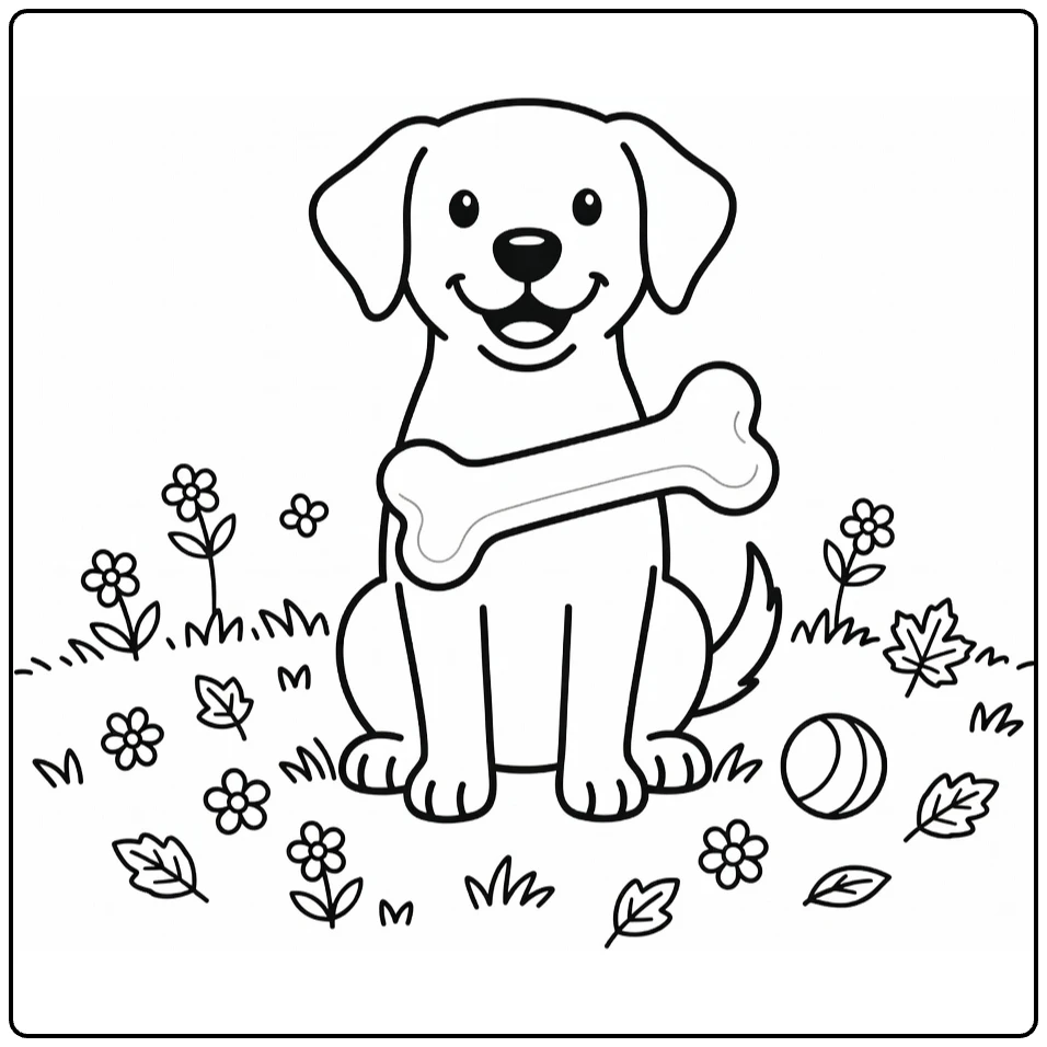 Dog with bone coloring page: happy Labrador in park