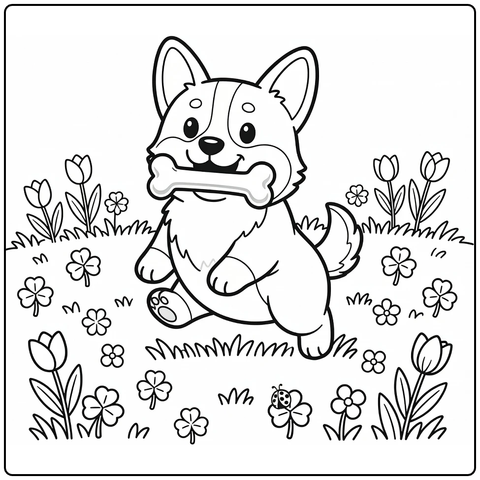 Dog with bone coloring page: Happy Corgi bouncing in meadow