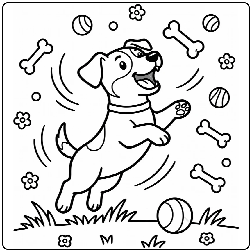 Dog with bone coloring page: Jack Russell Terrier jumps for bone