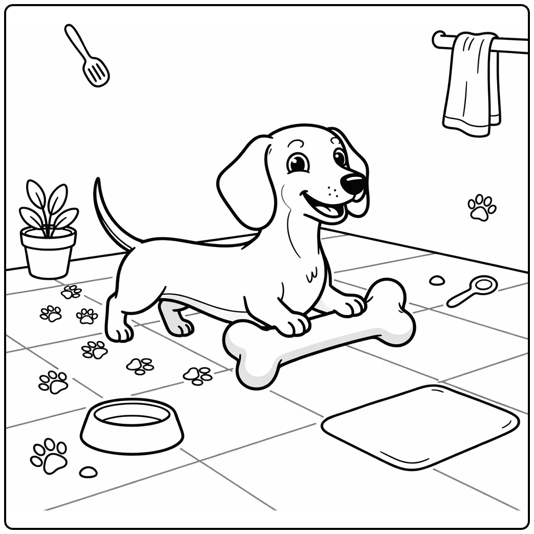 Dog with bone coloring page: Dachshund drags giant bone on kitchen floor