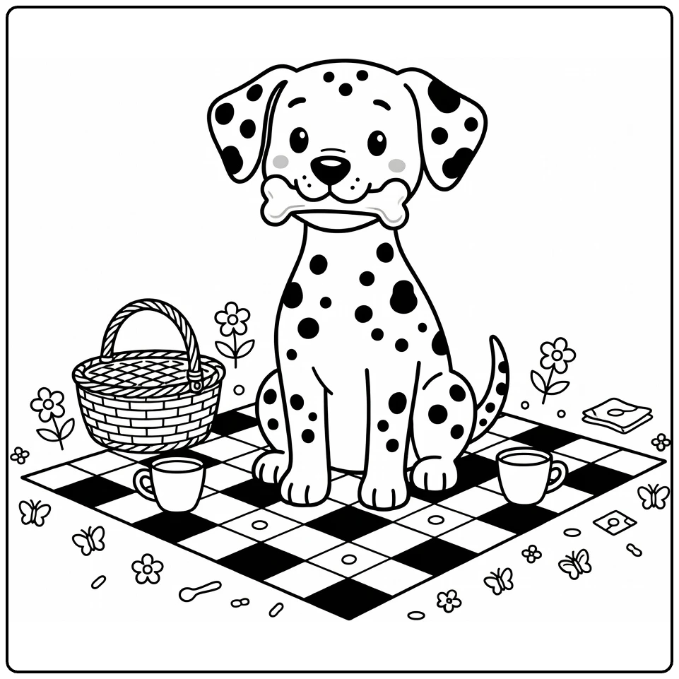 Dog with bone coloring page: Dalmatian balancing bone on nose