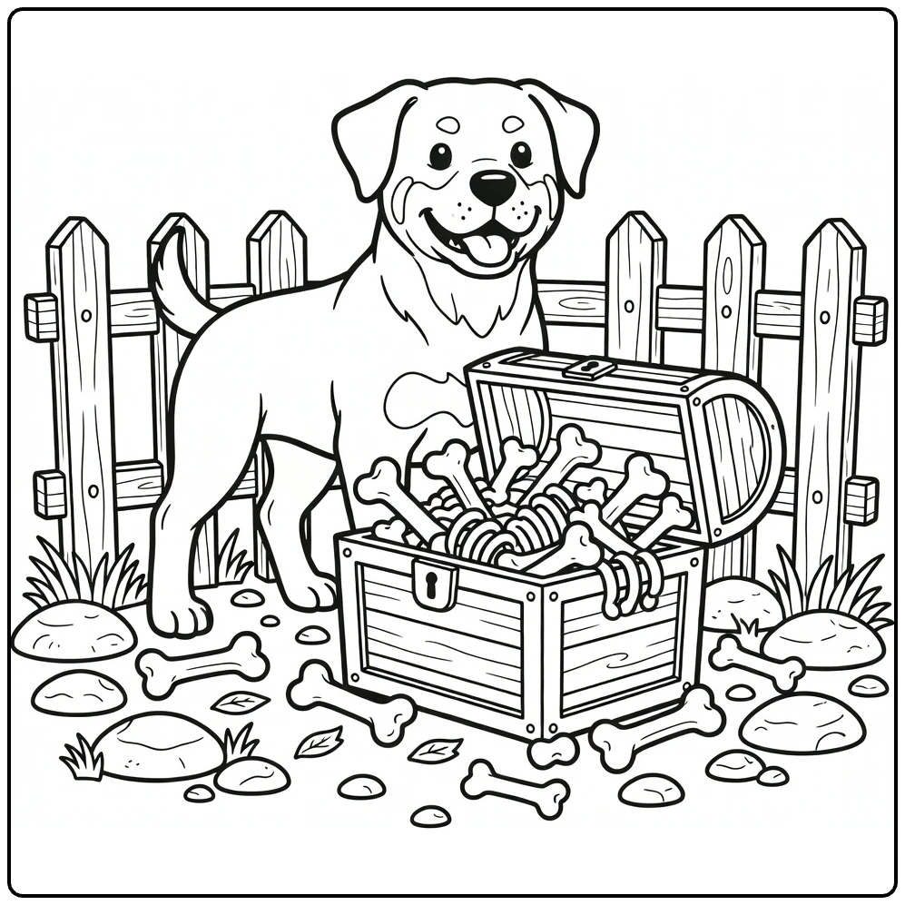 Dog with bone coloring page: Rottweiler guards bone treasure chest