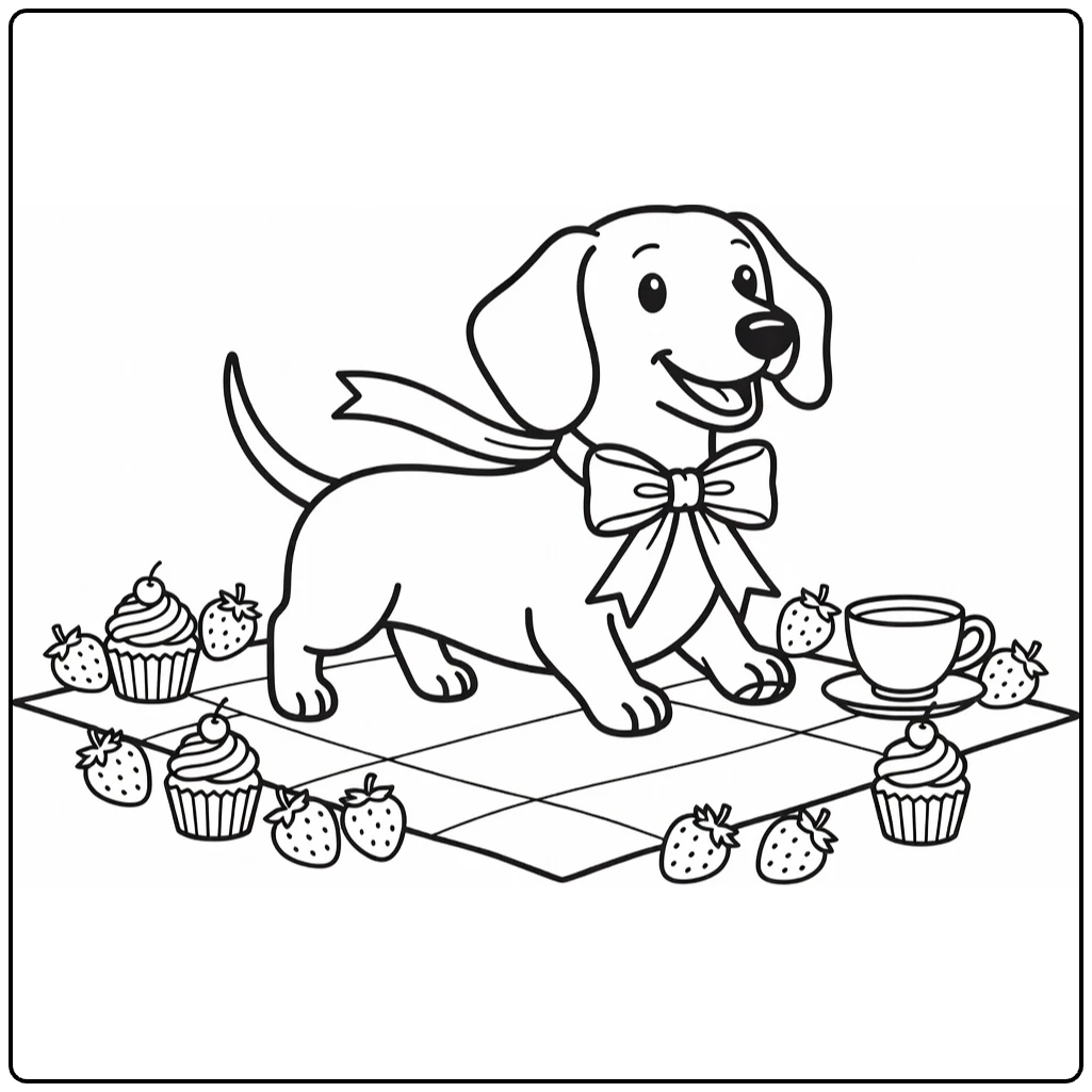Dog with bow coloring page: cheerful Dachshund on picnic