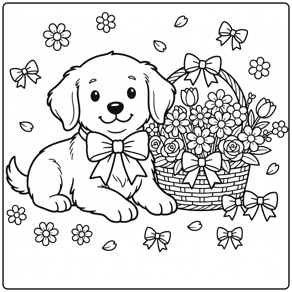 Dog with bow coloring page: Golden Retriever puppy with bow